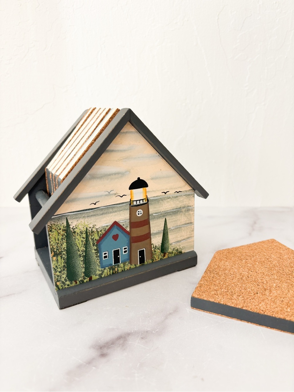 Hand-Painted Lighthouse Wooden and Cork Coaster Set - Coastal Blue & Tan